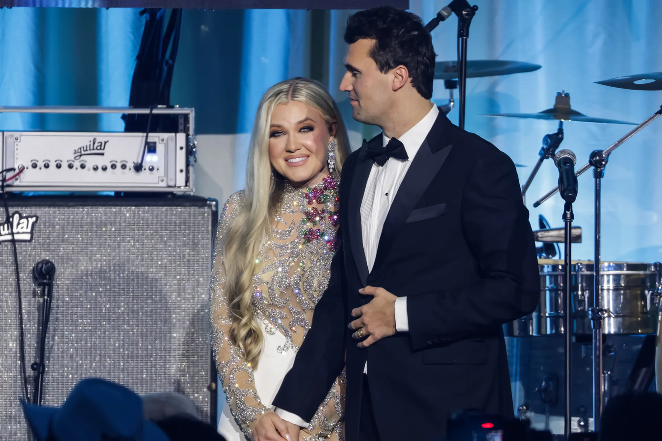 Charlie Kirk and Erika Kirk on stage during the Turning Point USA Inaugural-Eve Ball at the Salamander Hotel on January 19, 2025 in Washington, DC.