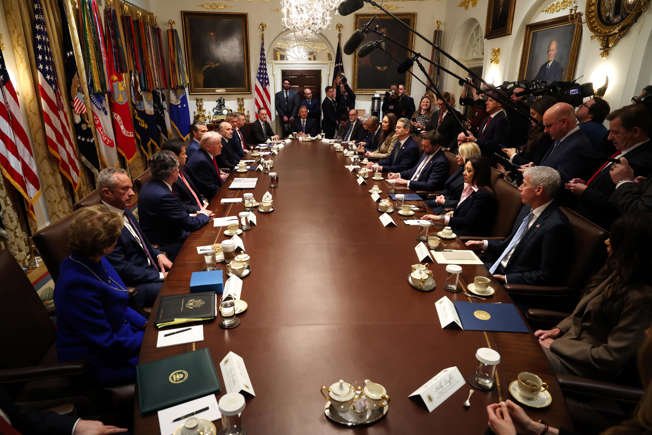 President Donald Trump (C-L) speaks during a meeting of the Cabinet in the Cabinet Room of the White House on January 29, 2026 in Washington, DC.