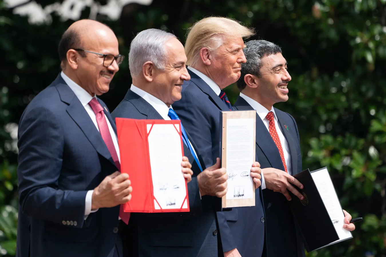 Abraham Accords signing ceremony (From left) representatives of Bahrain, Israel, the United States, and the United Arab Emirates posing for a photograph on the South Lawn of the White House after signing the Abraham Accords in 2020.