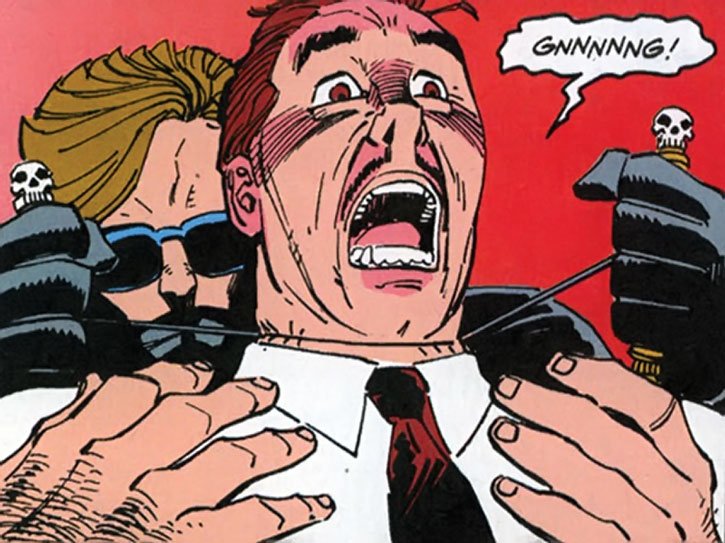 The character Garrotte from Marvel's Punisher comics. To "garrote" is to strangle from behind with something like a cable or strap.