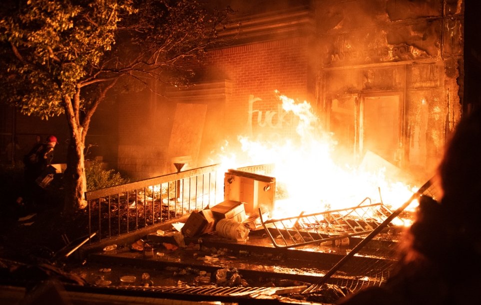 Minneapolis 3rd Precinct burning during 2020 George Floyd riots.