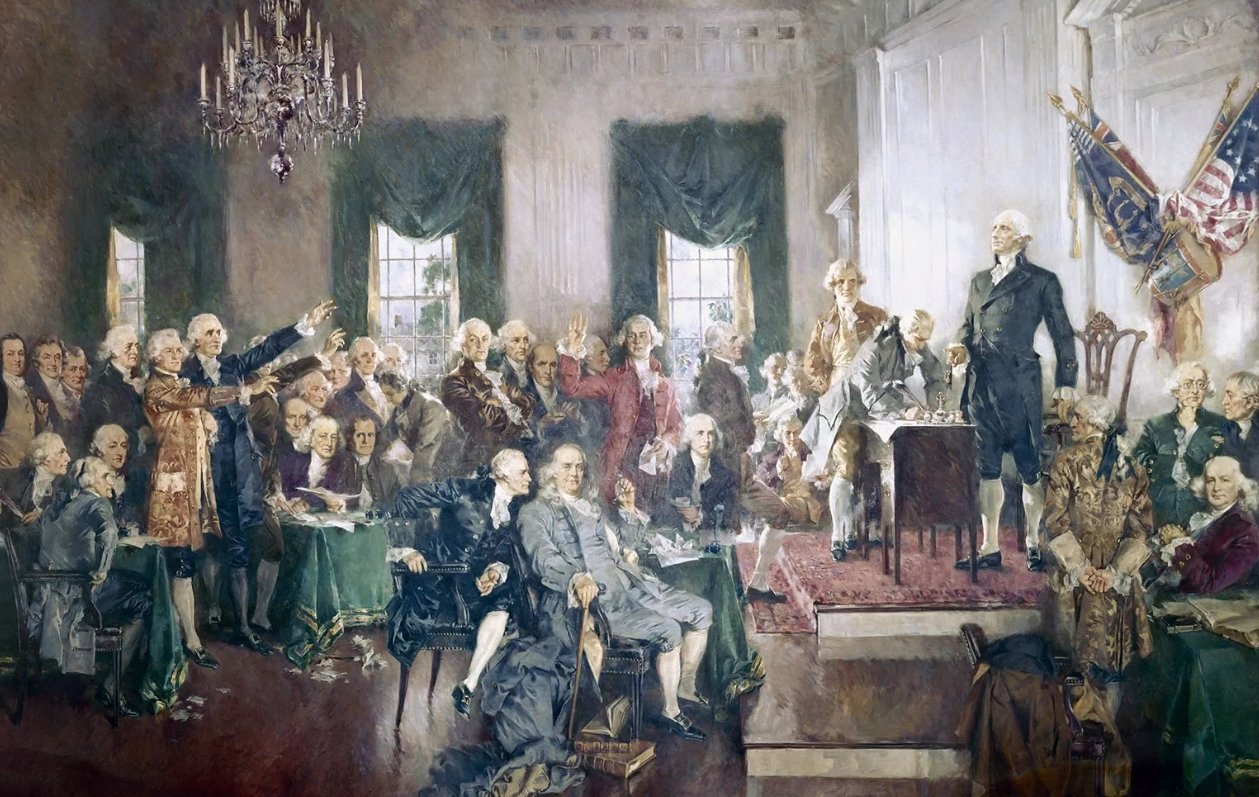 The signing of the U.S. Constitution by 39 members of the Constitutional Convention on September 17, 1787; painting by Howard Chandler Christy.