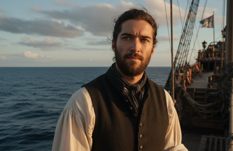 Historical reconstruction of Robert William Owen sailing from England to America.