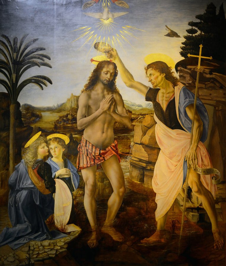 The Baptism of Christ painting by Verrocchio and Leonardo da Vinci