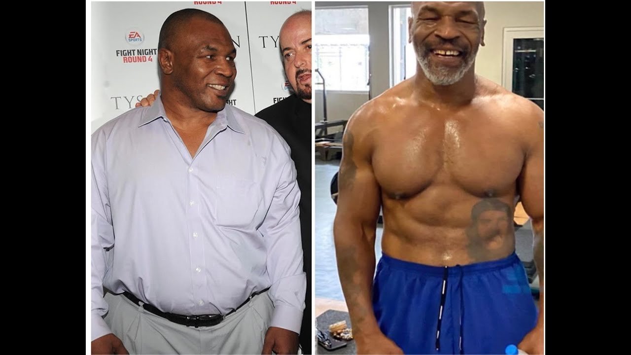 Mike Tyson before and after his 130lb weight loss journey.