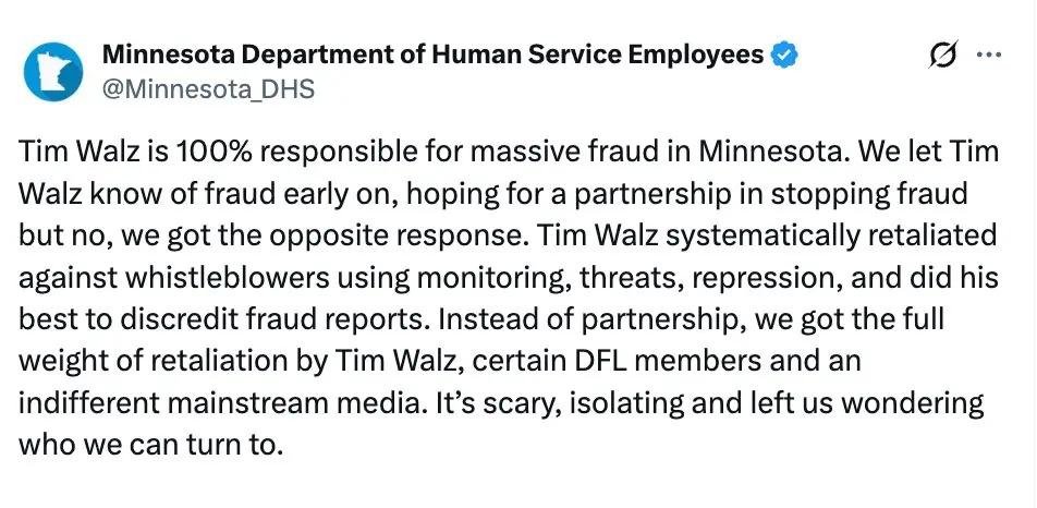 Minnesota DHS X account makes public statement.