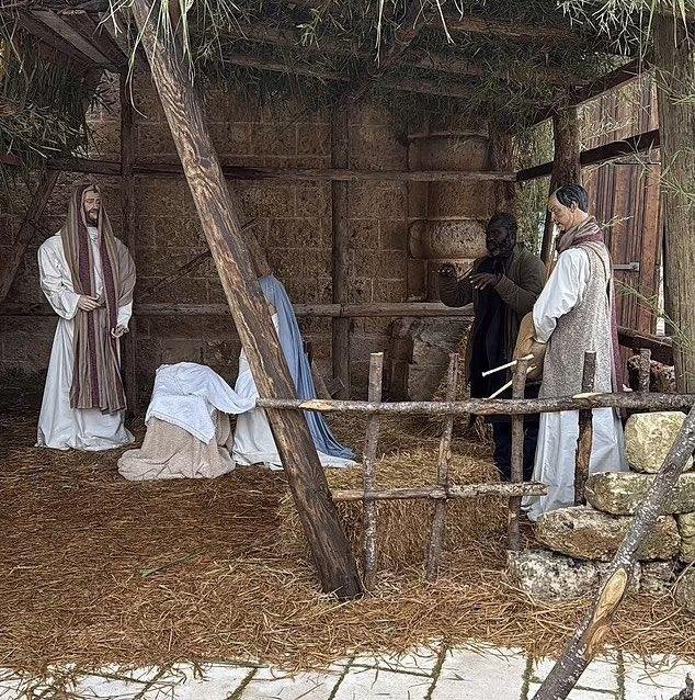 Fugitive tries to hide amongst nativity scene.