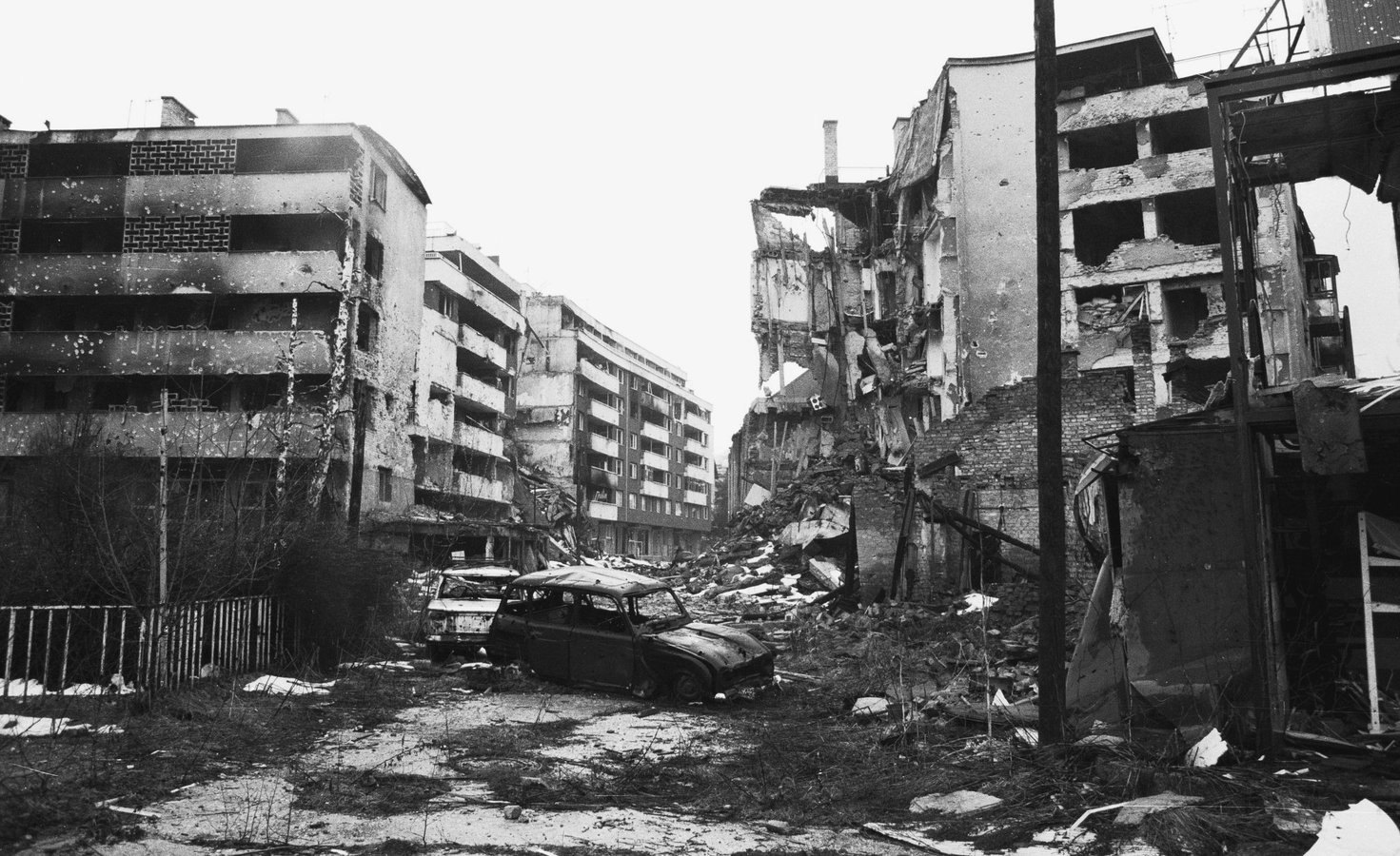 Ruined streets of Sarajevo under siege in the 1990s Bosnian War.